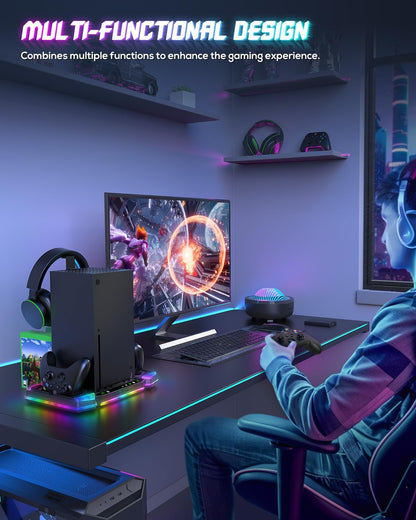 Cooling-Stand-Charging-Station for Xbox Series X Console＆Controller, Cooler Fan Charger Dock for Xbox Series X Accessories with 11 RGB Light Modes,2x1400mAh Rechargeable Batteries,Game Storage