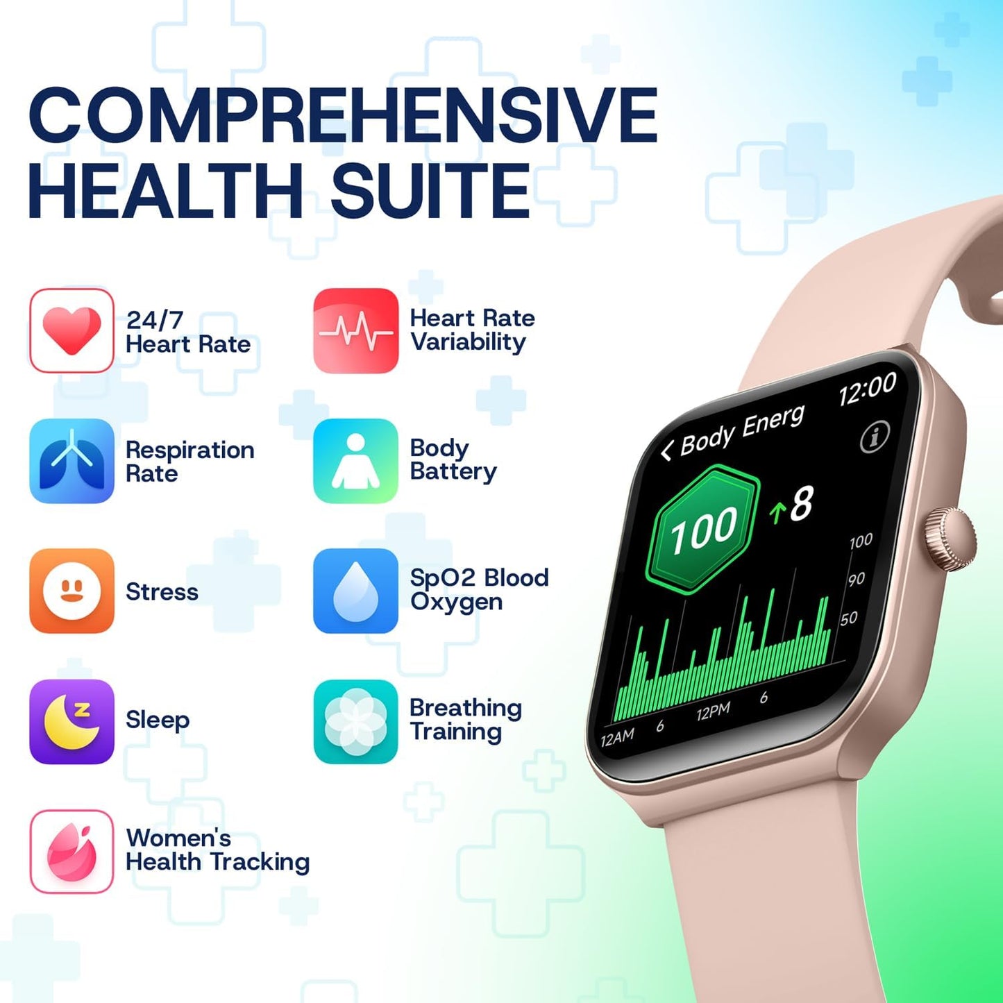 OCTANDRA Inspire VeryFit 1.95" Bluetooth Answer Call Alexa Smart Watch Body Energy Heart Rate HRV Oxygen Saturation Sleep Monitor Step Tracker IP68 Fitness Watches for Men Women (IDW16) (Pink)