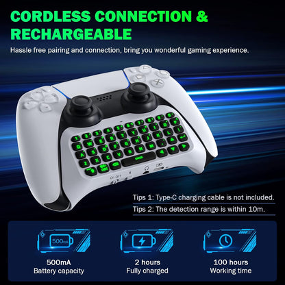 MoKo Green Backlight Keyboard for PS5 Controller, PS5 Wireless Mini Keyboard Chatpad for Playstation 5 Controller, Keypad Built-in Speaker with 3.5mm Audio Jack for Messaging and Game Live Chat, Black
