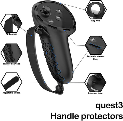 7 in 1 Silicone Cover Compatible with Meta/Oculus Quest 3 Accessories, VR Silicone Headset Controller Shell, Eyes, Face, Touch Controller Grip Case & Lens Cover-Black