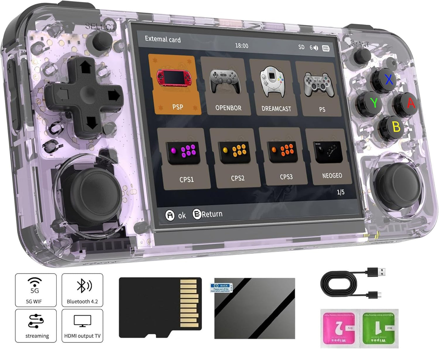 Anbernic RG35XX H Retro handheld model, Support HDMI TV Output 5G WiFi Bluetooth 4.2, 3.5 Inch IPS Screen Linux System Built-in 64G TF Card 5515 Games (RG35XXH Transparent Purple)