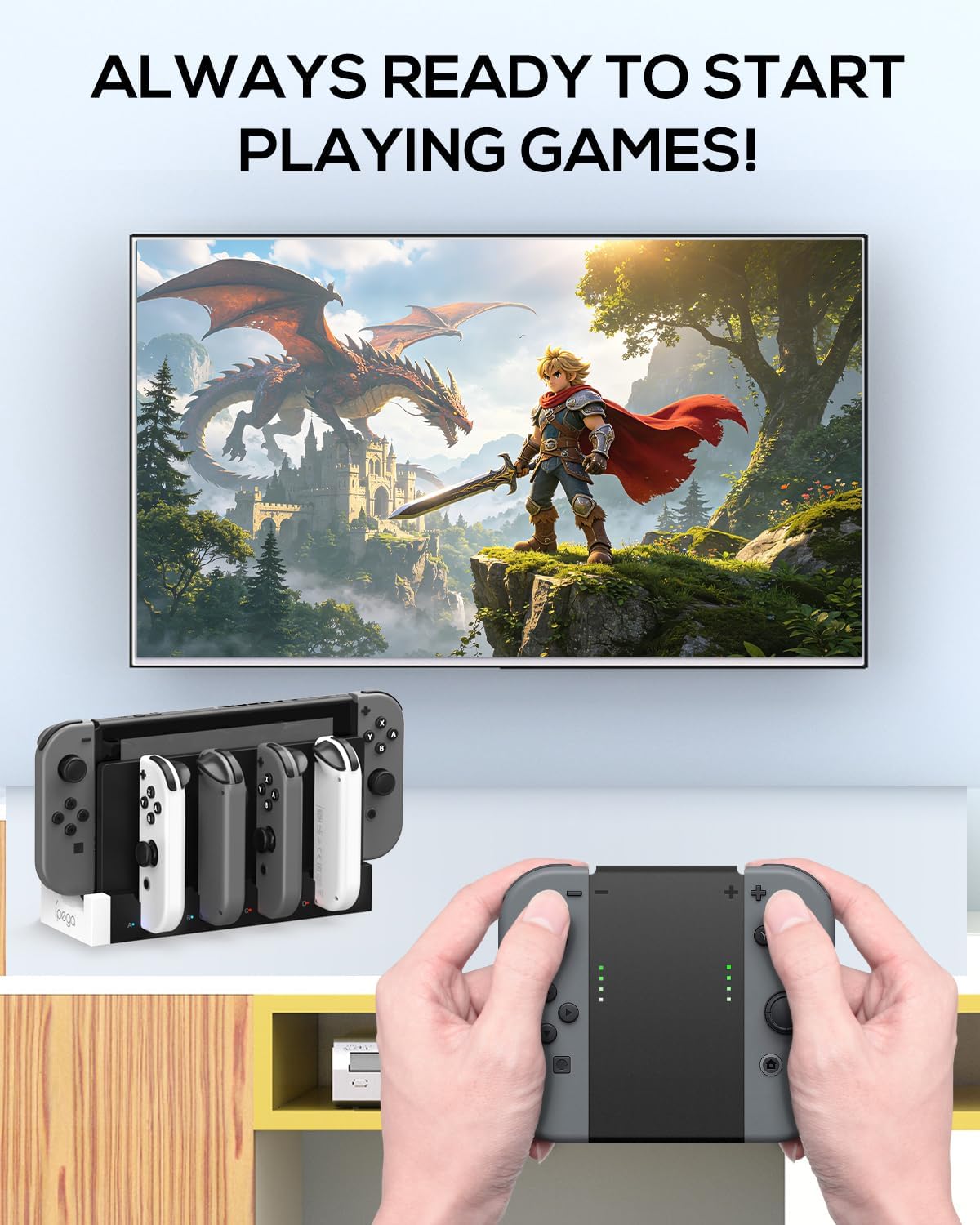 Controller Charging Dock for Switch and Switch OLED, Wireless Gamepad Charging Station with LED Indicator, Compact Desktop Charging Stand, White