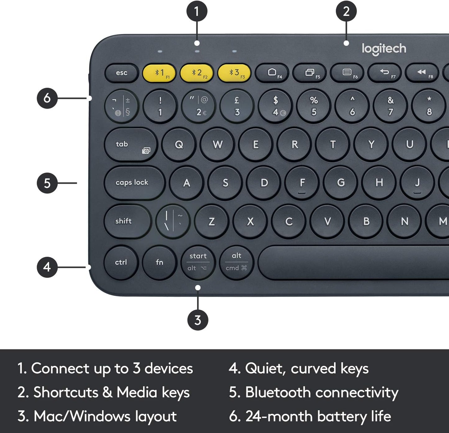 Logitech K380 Multi-Device Bluetooth Wireless Keyboard with Easy-Switch for Up to 3 Devices, Slim, 2 Year Battery-PC, Laptop, Windows, Mac, Chrome OS, Android, iPadOS, Apple TV, Dark Grey