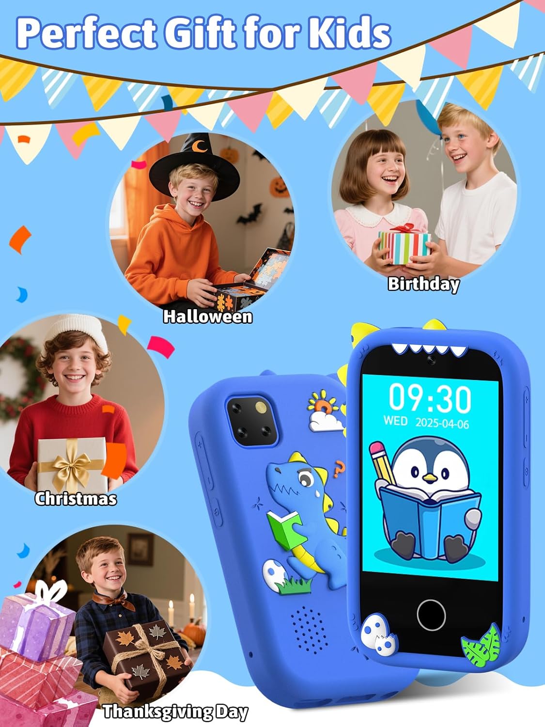 Mgaolo Kids Phone Smartphone Toy, 2.8" Touchscreen Smart Phone, Toddler Educational Learning Gift for Boys Girls Age 3-8, Games, Dual Cameras, Music Video Player, Christmas Birthday Present (Blue)