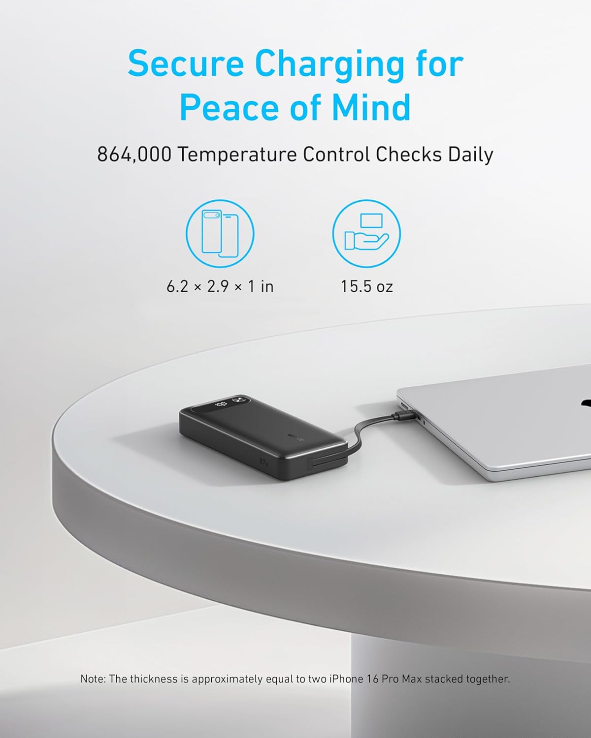 Anker Power Bank, 20,000mAh Portable Charger with Built-in USB-C Cable, 87W Max Fast Charging Battery Pack for Laptop, 2 USB-C and 1 USB-A, for MacBook, iPhone 17/16 Series, Samsung, Switch, and More