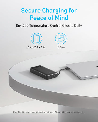 Anker Power Bank, 20,000mAh Portable Charger with Built-in USB-C Cable, 87W Max Fast Charging Battery Pack for Laptop, 2 USB-C and 1 USB-A, for MacBook, iPhone 17/16 Series, Samsung, Switch, and More