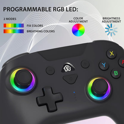 Wireless Bluetooth Game Controller for Switch Console, LED Gaming Gamepad with RGB Lighting, Motion Control, Vibration Feedback, Ergonomic Design, Rechargeable Controller (Black)