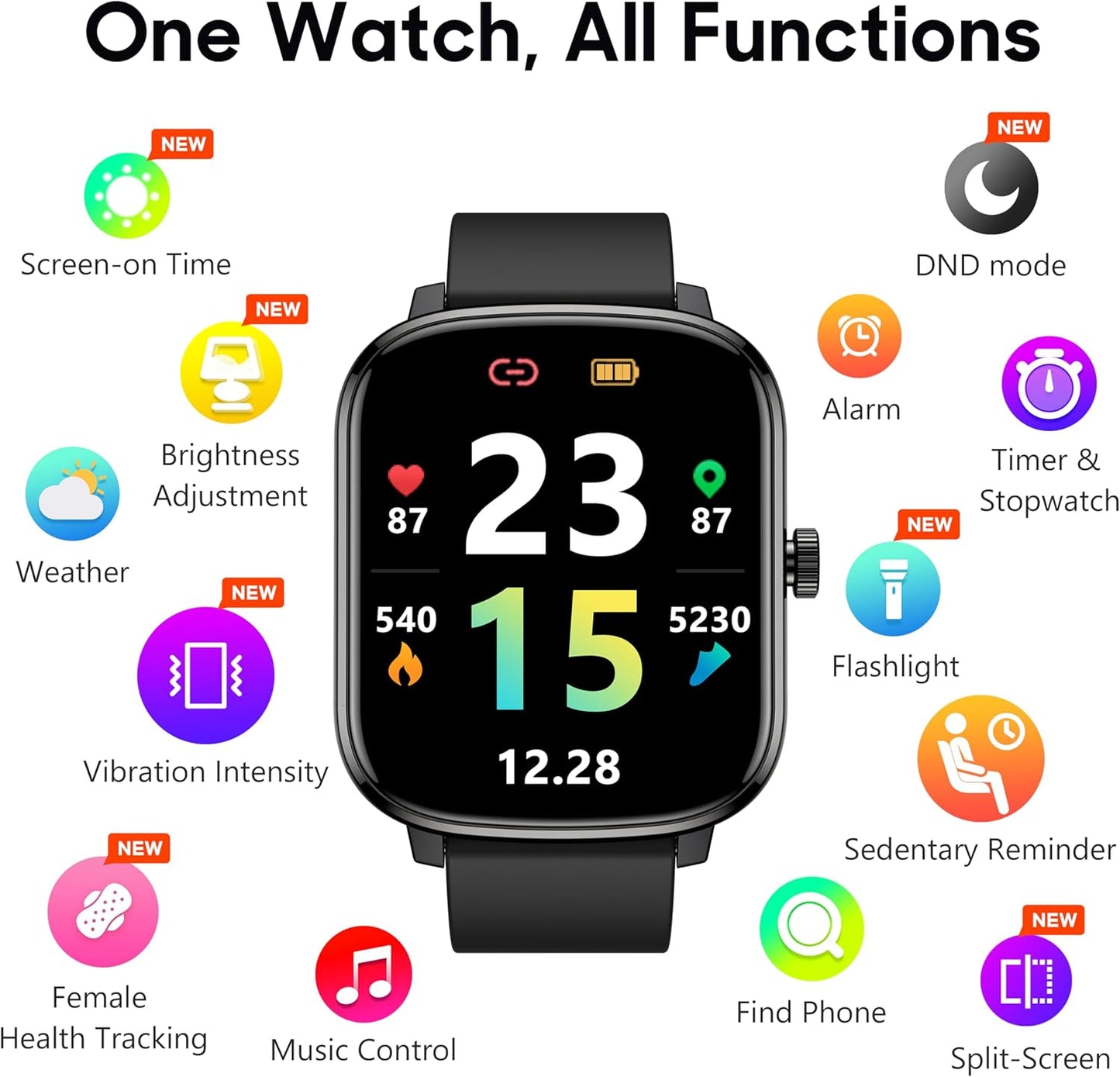 Smart Watch for Women Men, Popglory Smartwatch with Blood Pressure, Blood Oxygen, Sleep Monitor, Fitness Tracker with Heart Rate Tracking/Pedometer/Calories, Full Touch Fitness Watch for Android iOS