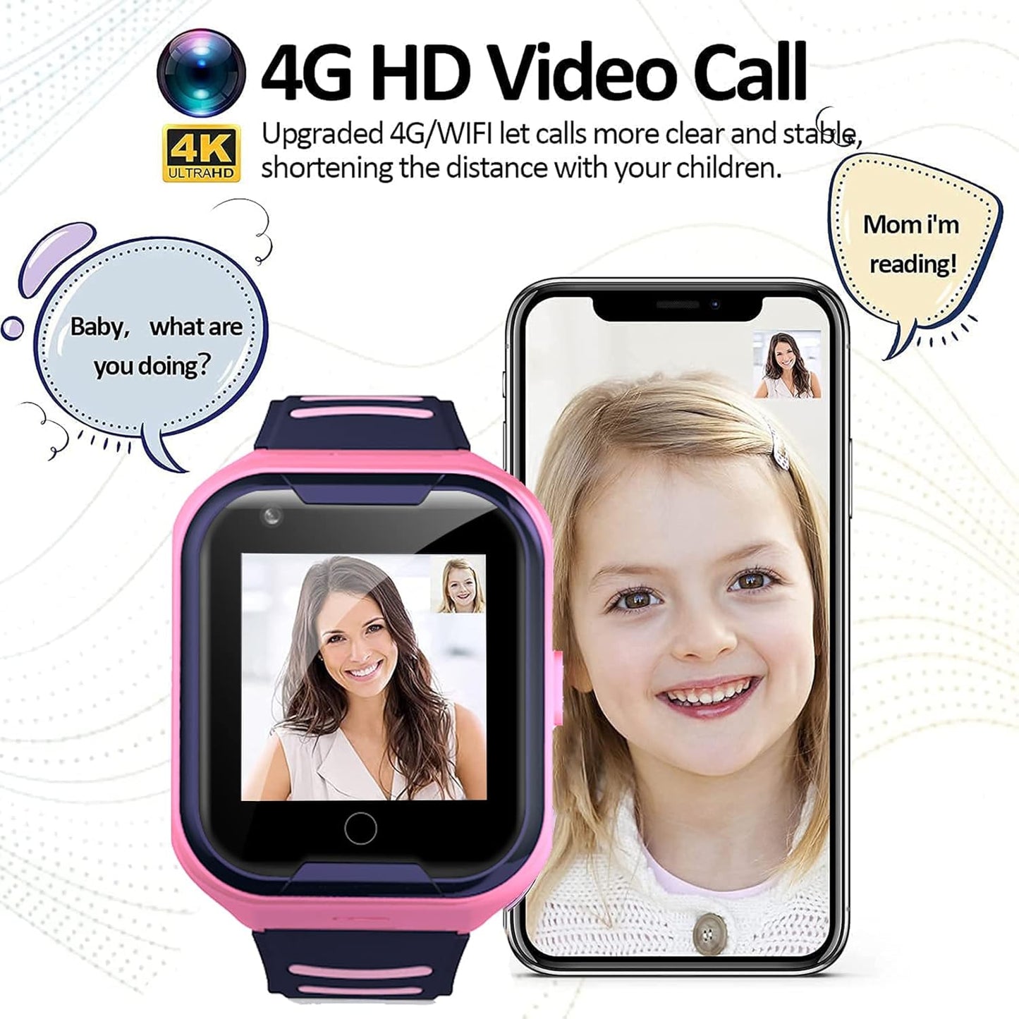 Kids 4G GPS Smart Watch, Waterproof Phone Smartwatch, Worldwide Real-time Tracking Video Phone Call Camera SOS Alarm Geo-Fence Touch Screen Pedometer Anti-Lost GPS Tracker Watch for Birthday Gift