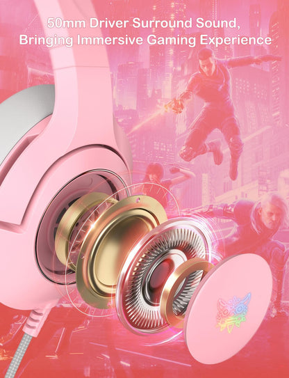 Gaming Headset for PS4, PS5, Cat Ear Headphones with Retractable Microphone, RGB Backlight, Surround Sound for PC, Mobile Phone, Gradient Pink Blue