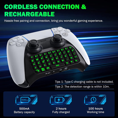 MoKo Green Backlight Keyboard for PS5 Controller, PS5 Wireless Mini Keyboard Chatpad for Playstation 5 Controller, Keypad Built-in Speaker with 3.5mm Audio Jack for Messaging and Game Live Chat, Black