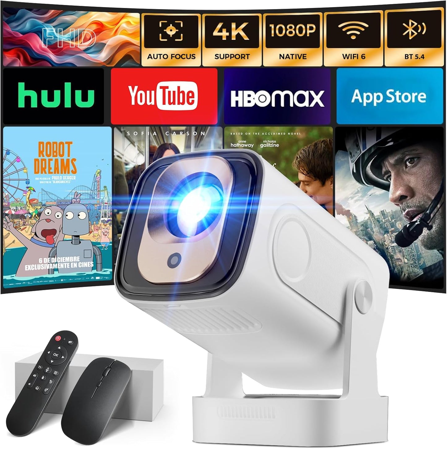 Projector [Auto Focus & 1080P Native & Bulit-in Apps] 4K Support Auto Correction Air Remote WiFi 6 Bluetooth 5.4 Portable Projector Compatible with HDMI/TV Stick/Memory Stick/Laptop, White