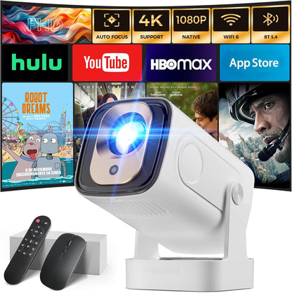 Projector [Auto Focus & 1080P Native & Bulit-in Apps] 4K Support Auto Correction Air Remote WiFi 6 Bluetooth 5.4 Portable Projector Compatible with HDMI/TV Stick/Memory Stick/Laptop, White
