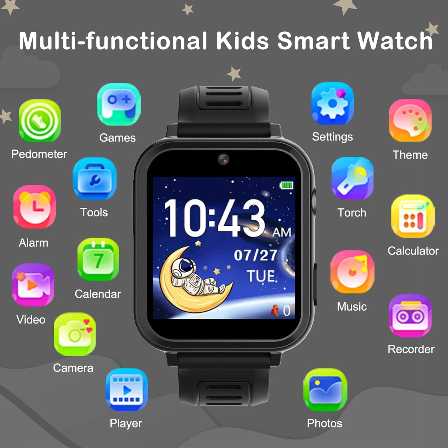 Phyulls Smart Watch for Kids, Smart Watch Toys with 39 Games Camera Video Recorder Music Alarm Calculator Calendar Flashlight Stopwatch Pedometer Gift Toys for 3-12 Years Old Boys and Girls (Black)