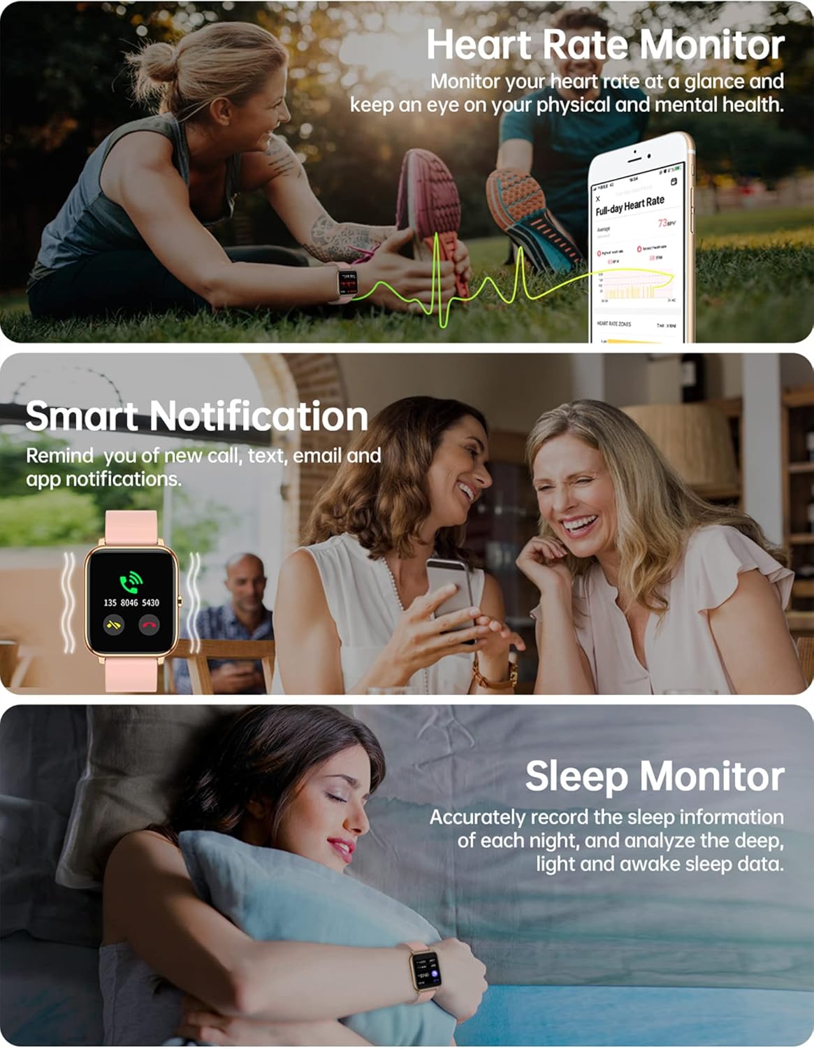 Smart Watch for Women Men, Popglory Smartwatch with Blood Pressure, Blood Oxygen, Sleep Monitor, Fitness Tracker with Heart Rate Tracking/Pedometer/Calories, Full Touch Fitness Watch for Android iOS