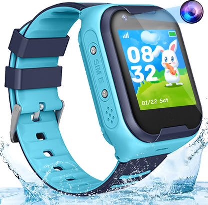 Kids 4G GPS Smart Watch, Waterproof Phone Smartwatch, Worldwide Real-time Tracking Video Phone Call Camera SOS Alarm Geo-Fence Touch Screen Pedometer Anti-Lost GPS Tracker Watch for Birthday Gift