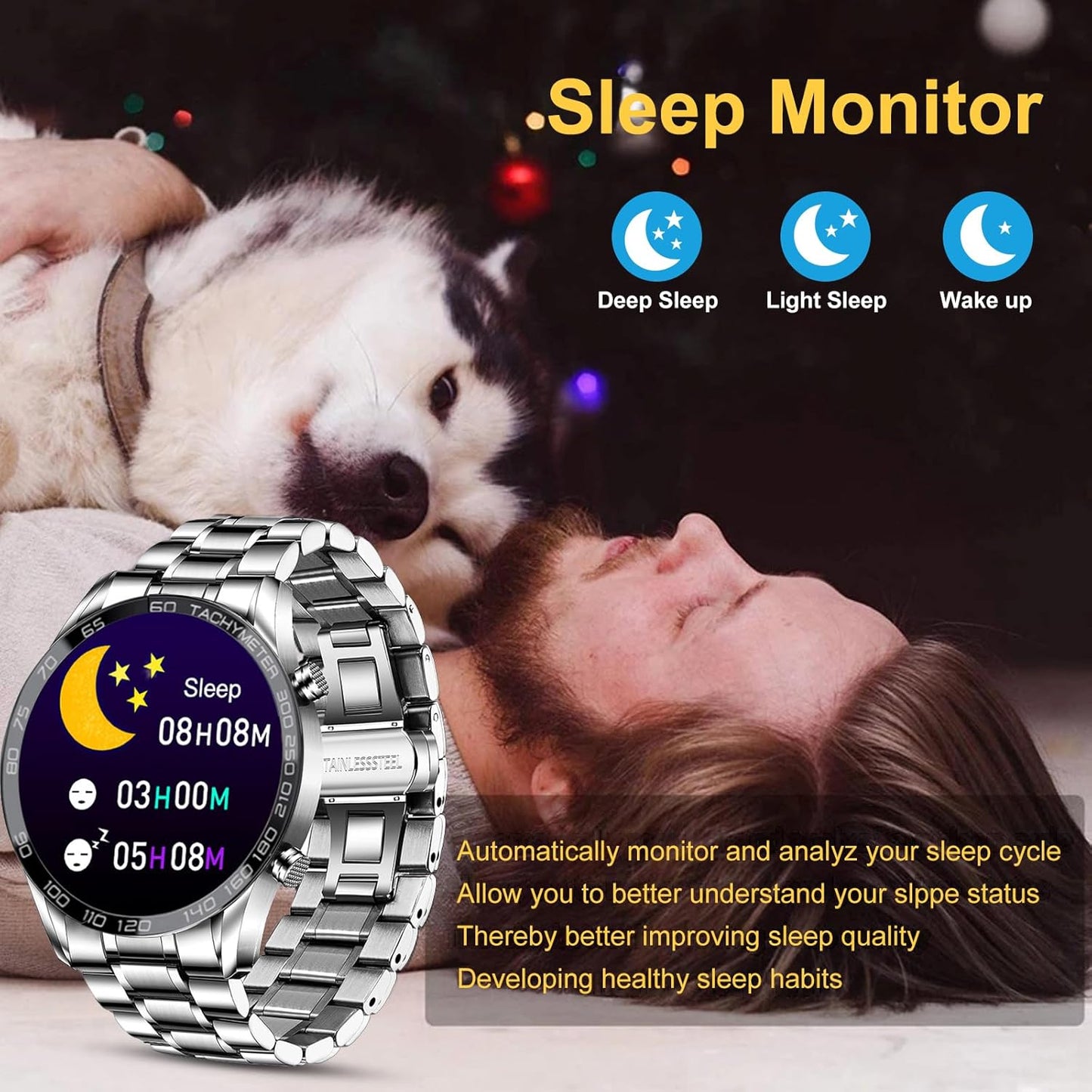 FILIEKEU Men Smart Watch for Android iOS, Bluetooth Calls Voice Chat with Heart Rate/Sleep Monitor Fitness Tracker, 1.3" Full Touch Screen IP67 Waterproof Stainless Steel Activity Tracker for Men,