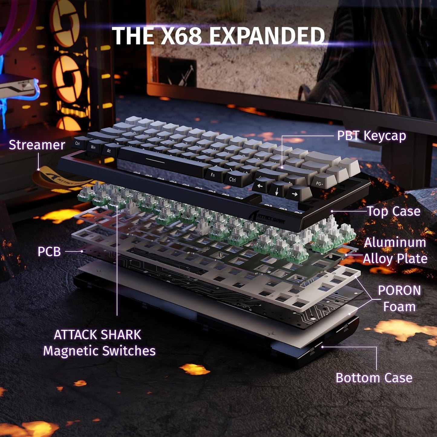 ATTACK SHARK X68 HE Rapid Trigger Mechanical Gaming Keyboard 60% Wired TKL with Adjustable Actuation,Hall Effect snap-fit Switch,8KHz Polling Rate,RGB Backlit,Top Mount for PC Mac Esport Gamer(Black)