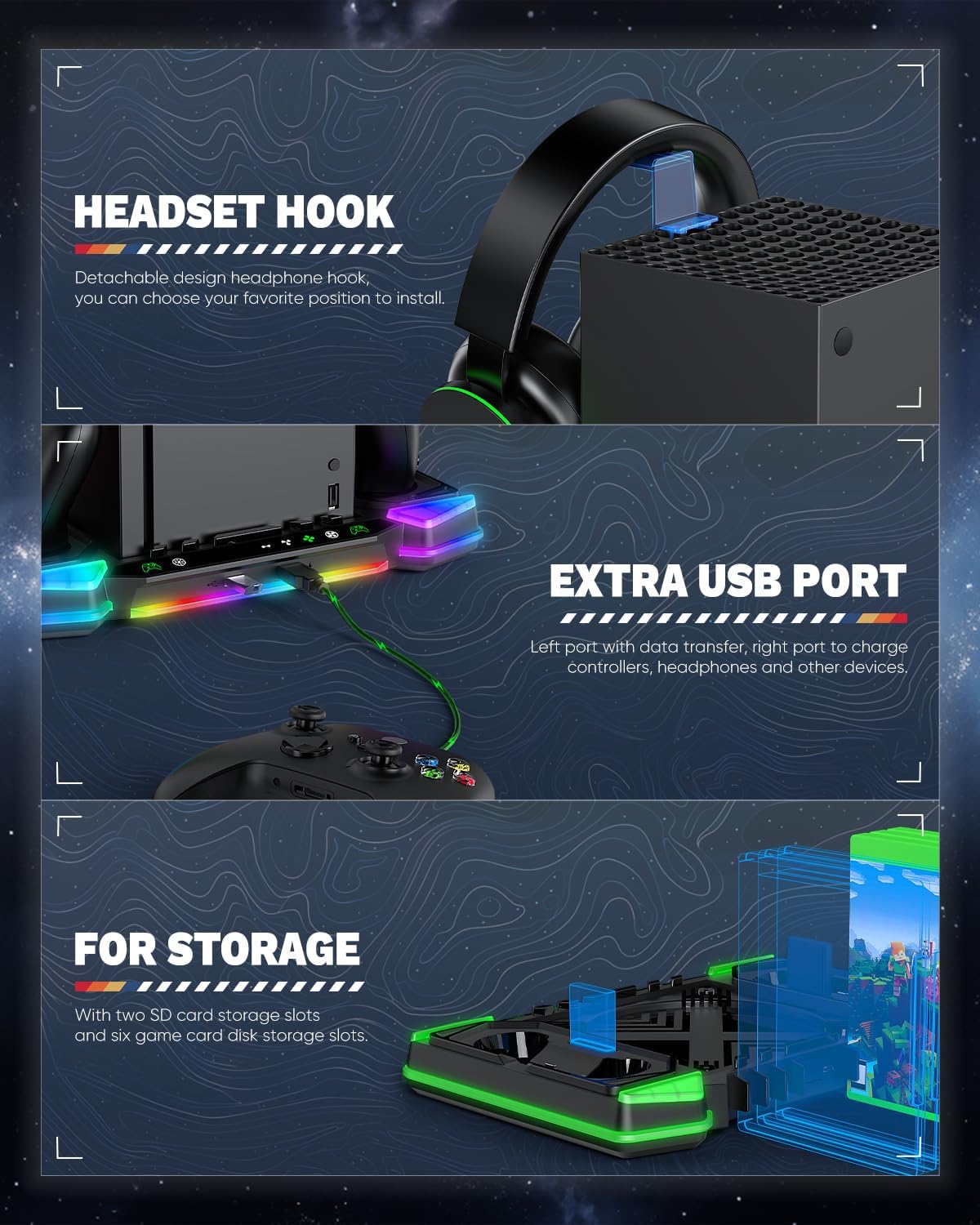 Multi-Function Cooling Stand Compatible with Xbox Series X Console, Dual Charging Dock, RGB Fan System, Headset Holder & Game Storage – Black