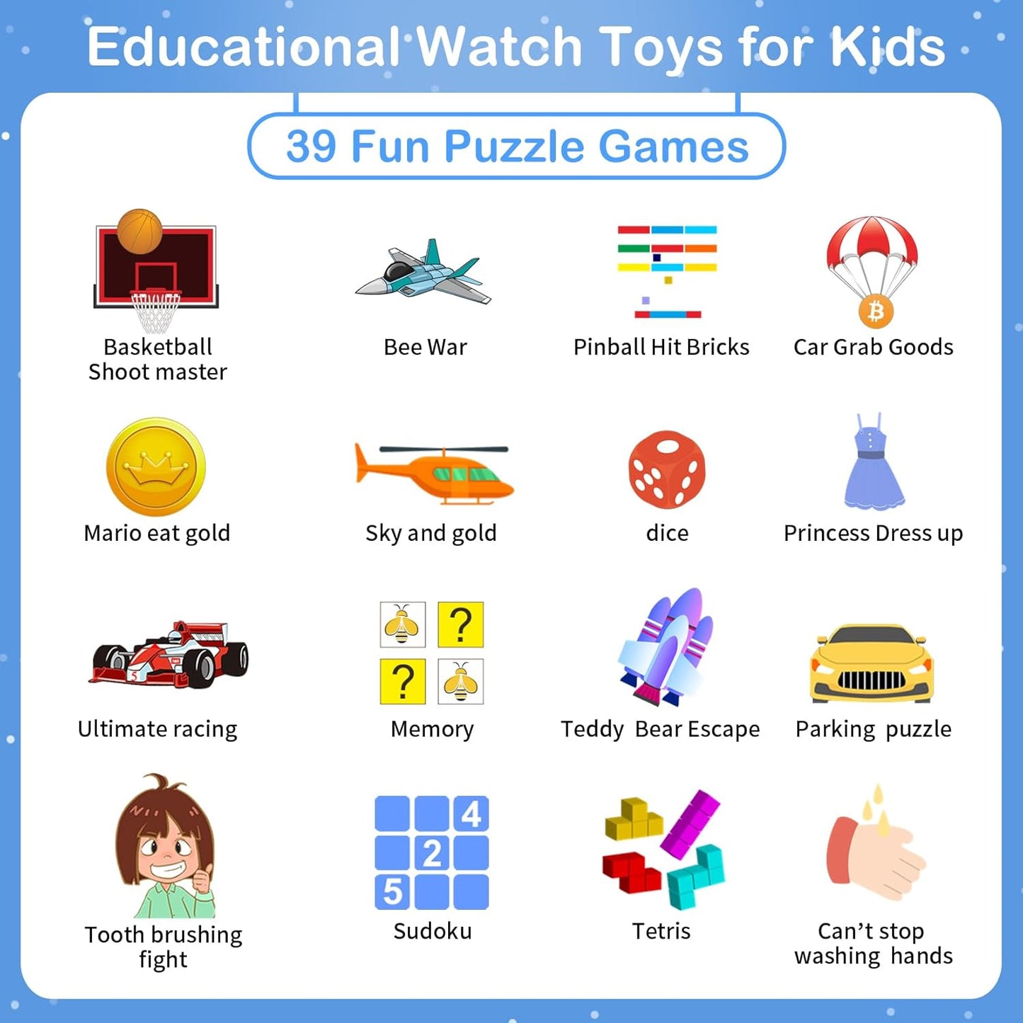 Phyulls Smart Watch for Kids, Smart Watch Toys with 39 Games Camera Video Recorder Music Alarm Calculator Calendar Flashlight Stopwatch Pedometer Gift Toys for 3-12 Years Old Boys and Girls (Black)