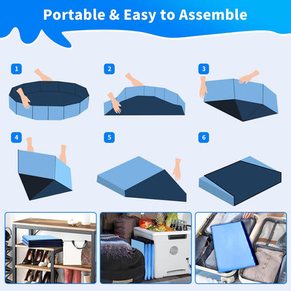 Foldable Dog Pool, Hard Plastic Kids Pool for Toddlers 1-3, 164cm Blue Pet Bathtub, Swimming Pool for Kids, Foldable Kids Pool for Garden, Play Pool for Kids, Dog, Cat