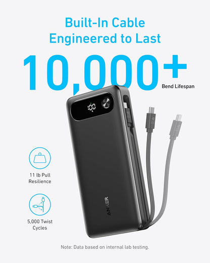 Anker Power Bank, 20,000mAh Portable Charger with Built-in USB-C Cable, 87W Max Fast Charging Battery Pack for Laptop, 2 USB-C and 1 USB-A, for MacBook, iPhone 17/16 Series, Samsung, Switch, and More