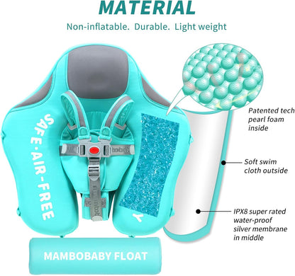 Mambobaby Float Non Inflatable Smart Swim Trainer Newest Size Improved Add Tail Never Flip Over UPF 50+ Sun Canopy Baby Swim Float Mambo Baby Float Solid Swimming Ring Infant Pool Float