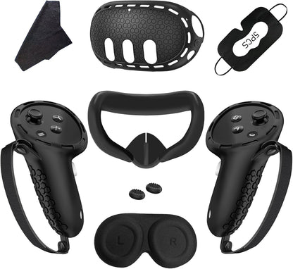 7 in 1 Silicone Cover Compatible with Meta/Oculus Quest 3 Accessories, VR Silicone Headset Controller Shell, Eyes, Face, Touch Controller Grip Case & Lens Cover-Black