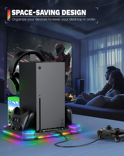 MENEEA Upgraded Charger-Stand Cooling-Fan for Xbox Series X, Dual Wireless Charger Dock Cooler System for Xbox Controller& Console,Accessories with 11 RGB Light Modes,2x1400mAh Rechargeable Batteries
