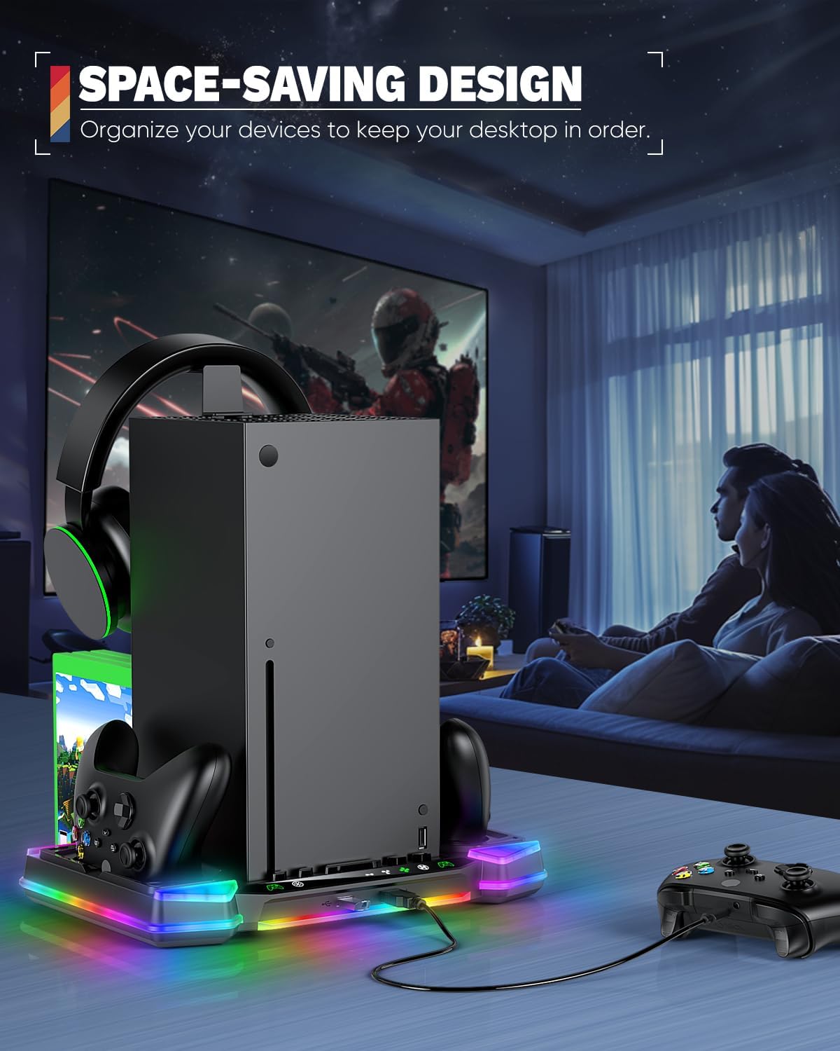 Multi-Function Cooling Stand Compatible with Xbox Series X Console, Dual Charging Dock, RGB Fan System, Headset Holder & Game Storage – Black