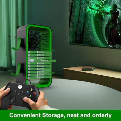 OYO-1【40cm】Game Storage Tower Compatible with PS5/ Xbox Series S & X/Switch, Universal Video Games Discs Organizers 18 PCS with 4 Controllers Holder, Game Disk Box Stand. (Black/Green)