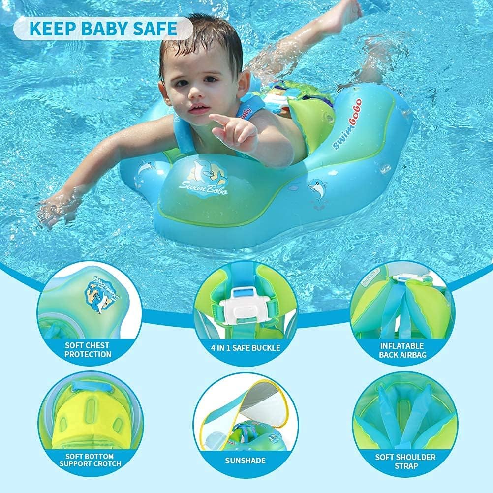 Kids Swimming Pool Float with Removable UPF 50+ Sun Protection Canopy, Infant Toddler Inflatable Swimming Rings for Age of 12-24 Months, Boys Girls Swimming Trainer