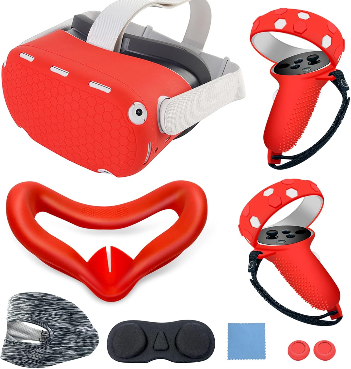Silicone Protective Cover Set for Meta Quest 2, Red Shell Cover with Controller Grips, Face Cover, Lens Cover, Eye Cover, 9-Piece Accessory Kit (Pink)