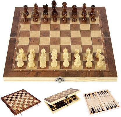 40cm Large Wooden Chess Set with Folding Board, Storage Slots, Chessmen Pieces, 3-in-1 Chess Backgammon Checkers Board Game for Adults & Kids