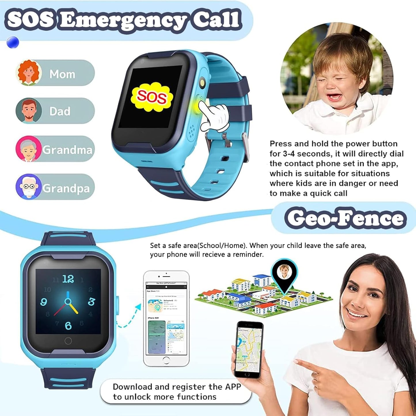 Kids 4G GPS Smart Watch, Waterproof Phone Smartwatch, Worldwide Real-time Tracking Video Phone Call Camera SOS Alarm Geo-Fence Touch Screen Pedometer Anti-Lost GPS Tracker Watch for Birthday Gift
