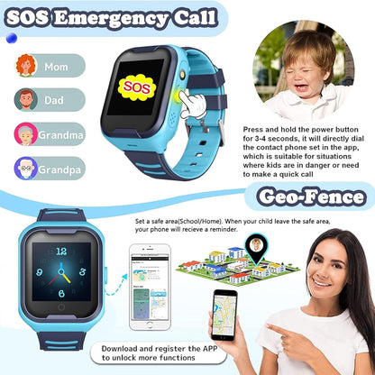 Kids 4G GPS Smart Watch, Waterproof Phone Smartwatch, Worldwide Real-time Tracking Video Phone Call Camera SOS Alarm Geo-Fence Touch Screen Pedometer Anti-Lost GPS Tracker Watch for Birthday Gift