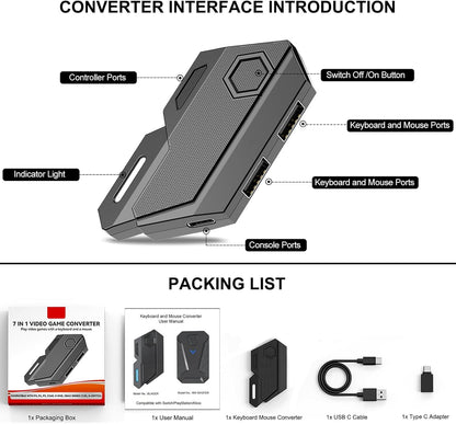 arVin Keyboard and Mouse Adapter for Nintendo Switch/Xbox/PS3/PS4, Wired & 2.4G Wireless Mouse and Keyboard Converter Support Key Mapping