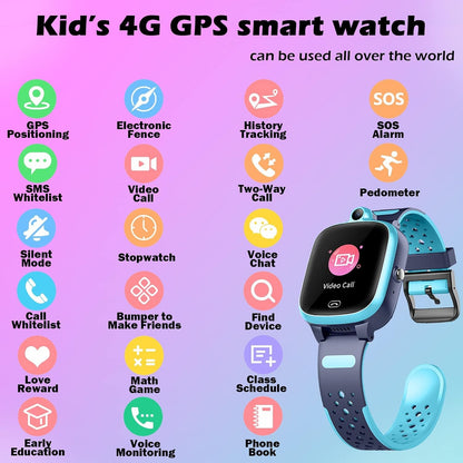 Kids 4G GPS Smart Watch, Waterproof Phone Smartwatch, Worldwide Real-time Tracking Video Phone Call Camera SOS Alarm Geo-Fence Touch Screen Pedometer Anti-Lost GPS Tracker Watch for Birthday Gift