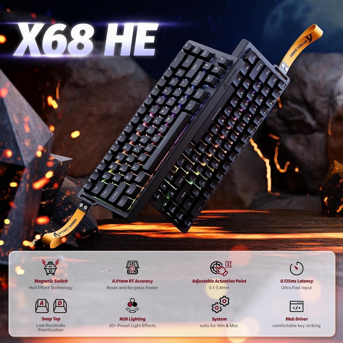 ATTACK SHARK X68 HE Rapid Trigger Mechanical Gaming Keyboard 60% Wired TKL with Adjustable Actuation,Hall Effect snap-fit Switch,8KHz Polling Rate,RGB Backlit,Top Mount for PC Mac Esport Gamer(Black)