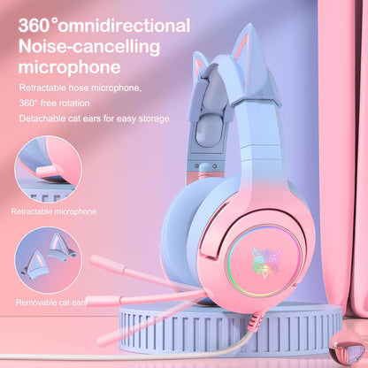 Gaming Headset for PS4, PS5, Cat Ear Headphones with Retractable Microphone, RGB Backlight, Surround Sound for PC, Mobile Phone, Gradient Pink Blue