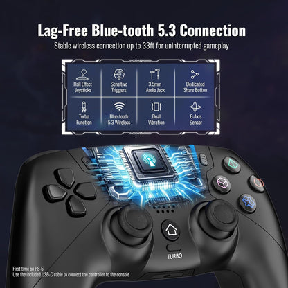 Wireless Game Controller Compatible with PS5, PS5 Pro and PS5 Slim, Hall Effect Joysticks, PC Gaming Gamepad, Ergonomic Design, Black