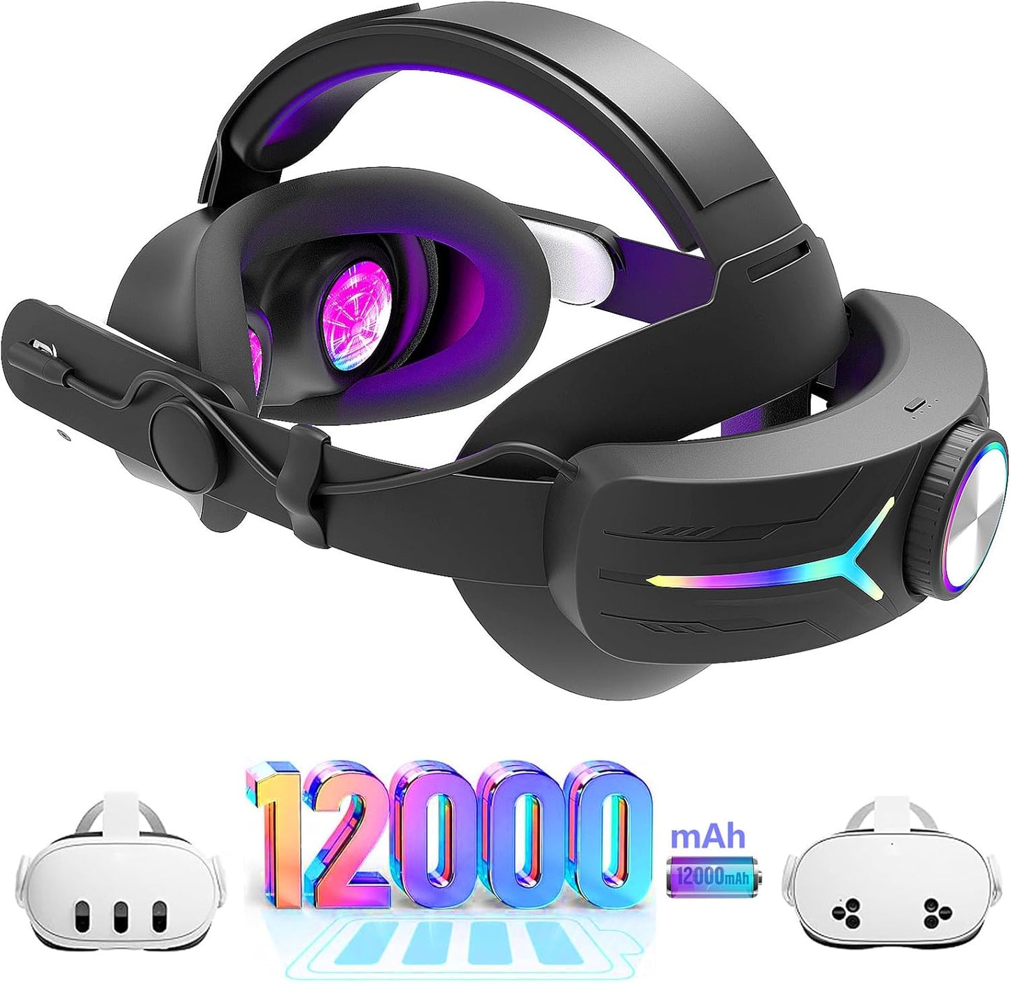 Upgraded RGB Lighted Head Strap with Battery 12000mAh for Meta Quest 3/3s Accessories, Quick Charge for Extended Playtime, to Reduce Facial Stress, Adjustable Elite Strap (White)