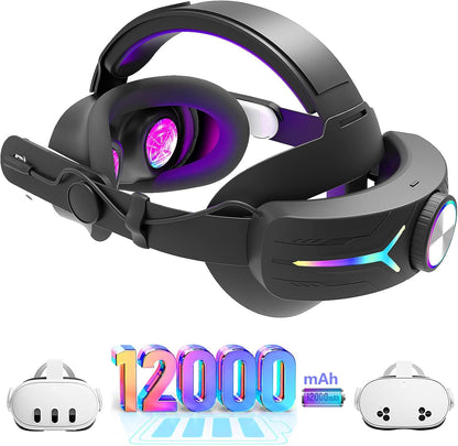 Upgraded RGB Lighted Head Strap with Battery 12000mAh for Meta Quest 3/3s Accessories, Quick Charge for Extended Playtime, to Reduce Facial Stress, Adjustable Elite Strap (White)