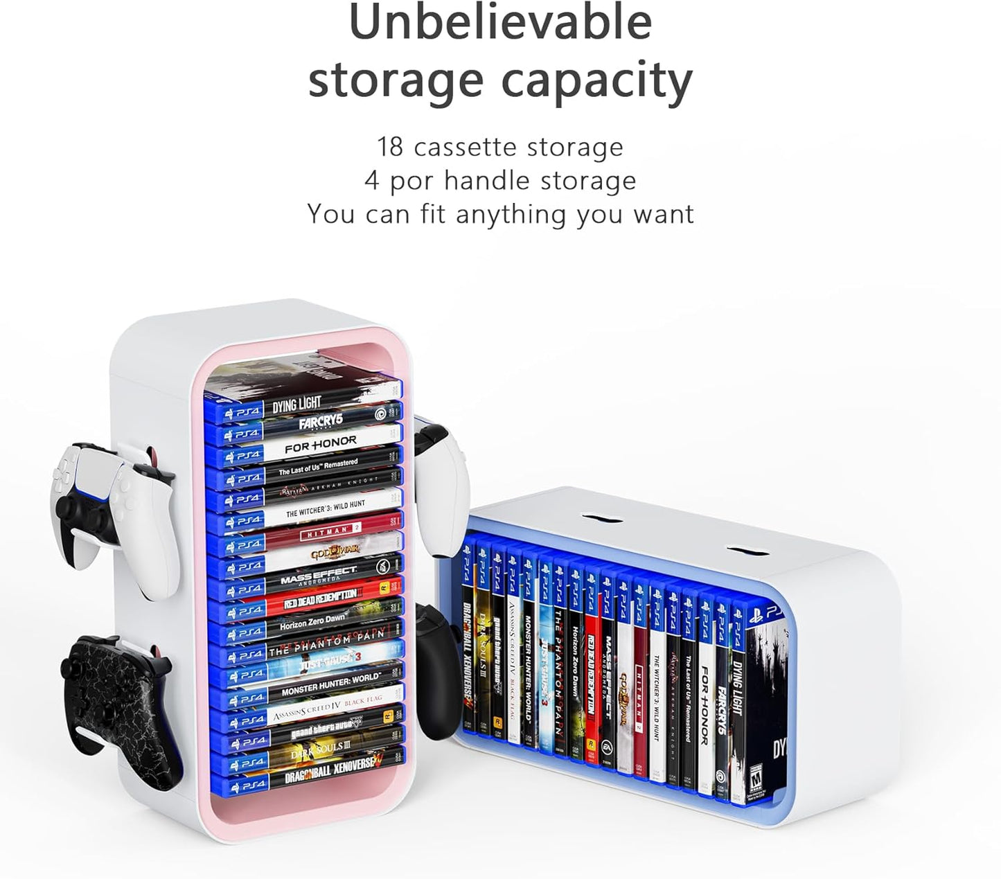 OYO-1【40cm】Game Storage Tower Compatible with PS5/ Xbox Series S & X/Switch, Universal Video Games Discs Organizers 18 PCS with 4 Controllers Holder, Game Disk Box Stand. (Black/Green)
