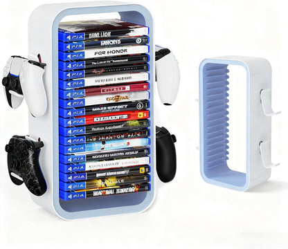 OYO-1【40cm】Game Storage Tower Compatible with PS5/ Xbox Series S & X/Switch, Universal Video Games Discs Organizers 18 PCS with 4 Controllers Holder, Game Disk Box Stand. (Black/Green)