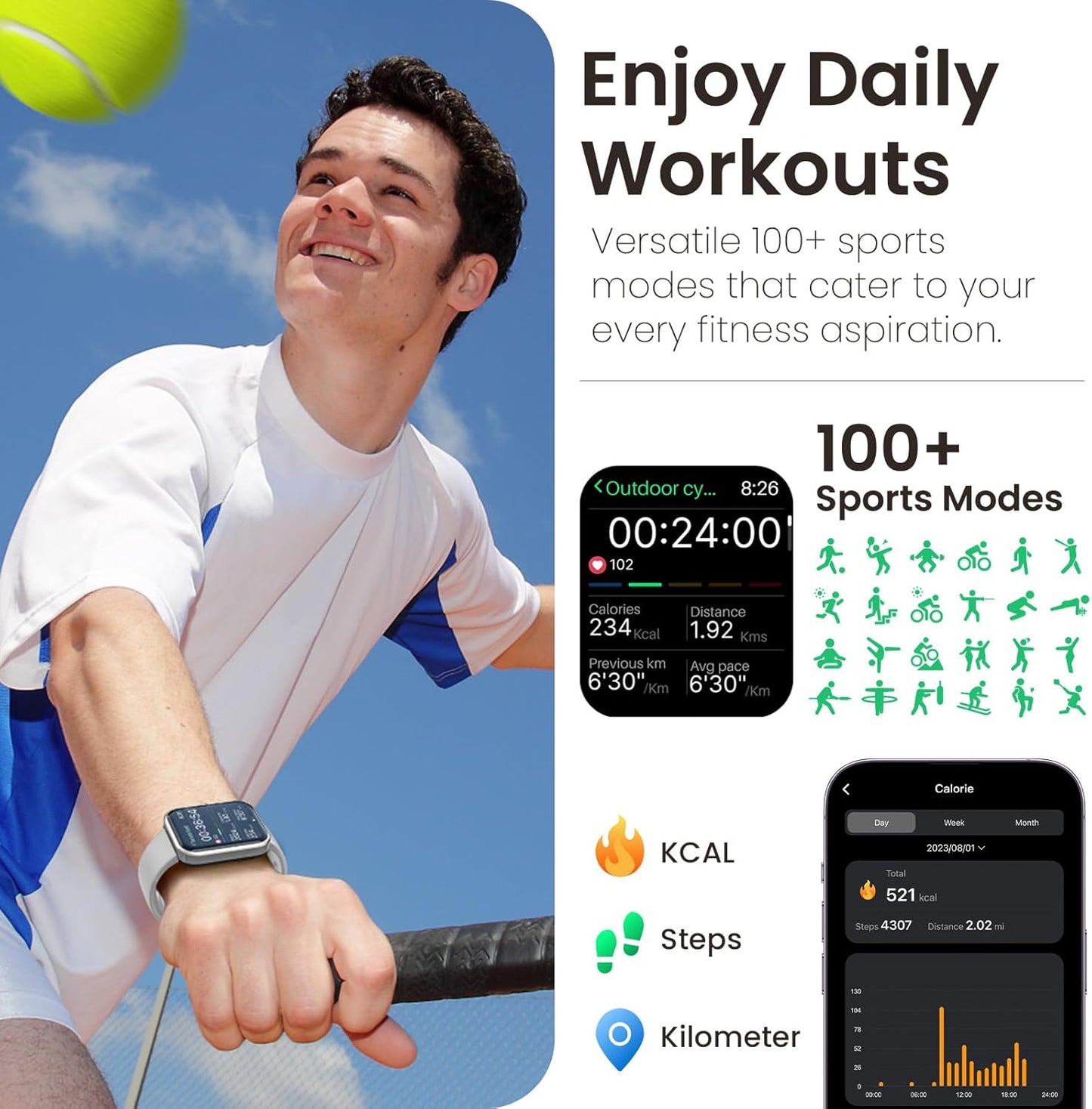 TOZO 44mm Rectangular Face Smart Watch Alexa Built-in Fitness Tracker with Heart Rate/Blood Oxygen Monitor/Sleep Monitor 5ATM Waterproof HD Touchscreen for Men Women Compatible with iPhone&Android