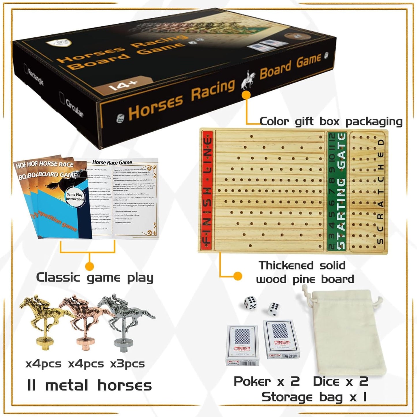 Horse Racing Board Game Solid Wood with 11 Luxury Metal Horses Thickened Pine Finish LINE Race Game Chessboard Including 2 Sets of dice and 2 Boxes of Cards(Log Color)