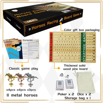 Horse Racing Board Game Solid Wood with 11 Luxury Metal Horses Thickened Pine Finish LINE Race Game Chessboard Including 2 Sets of dice and 2 Boxes of Cards(Log Color)