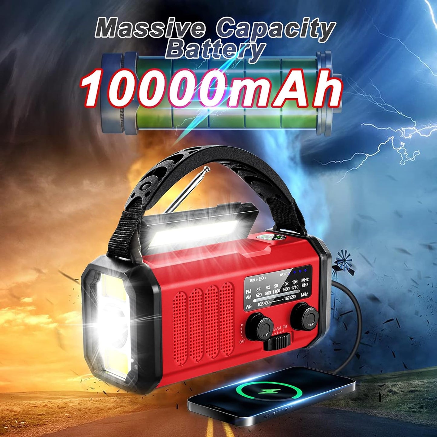 Emergency Solar Crank Radio, 10000mAh NOAA/AM/FM Weather Radio, USB Type-C Charging, Polymer Battery, Torch & LED Reading Light, SOS Alarm, Compass for Camping