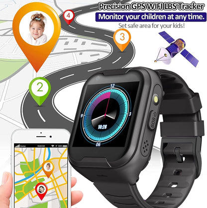 Kids 4G GPS Smart Watch, Waterproof Phone Smartwatch, Worldwide Real-time Tracking Video Phone Call Camera SOS Alarm Geo-Fence Touch Screen Pedometer Anti-Lost GPS Tracker Watch for Birthday Gift